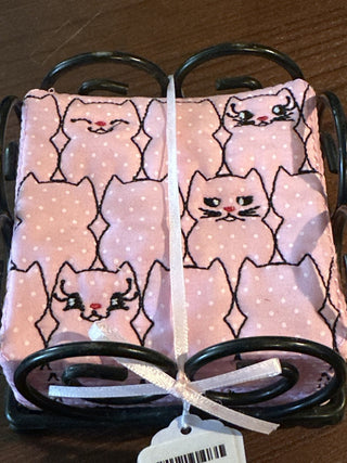 Set of 6 Pink Cat fabric coasters in metal holder   #SM RCD