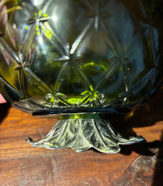 Vtg Green Indiana glass bowl/metal base NM MTS