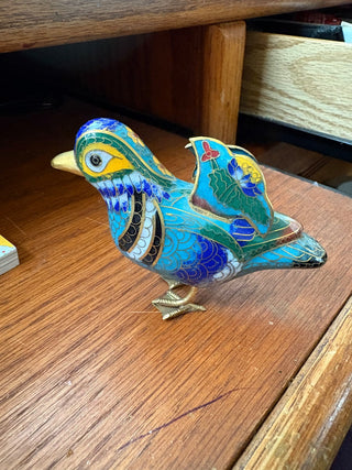 Vtg. Chinese Cloisonné Duck/Bird figurine w/brass decor/feet 3"x4"