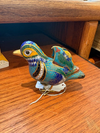 Vtg. Chinese Cloisonné Duck/Bird figurine w/brass decor/feet 3"x4"