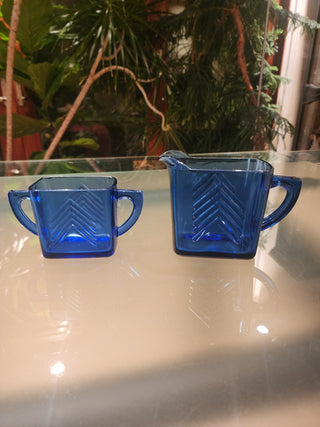 Vtg Hazel Atlas Open Sugar/ Creamer Cobalt Blue Chevron RSV|71644