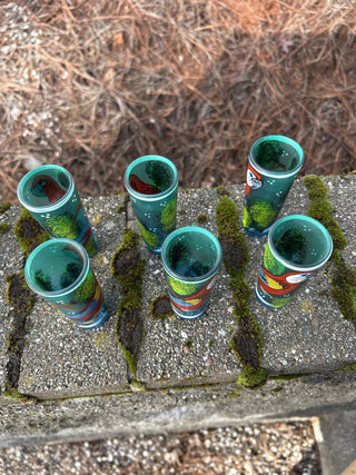 12F GCC JP VNTG Mexican TEQUILA DECANTER 6 Shot Parrot Glass Set Metal Rack Hand Painted MTS|133737