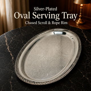 Silver-Plated Oval Serving Tray - Chased Scroll & Rope Rim