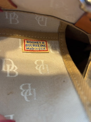 Vintage Y2K Dooney & Bourke logo monogram tote crossbody satchel bag in beige canvas brown leather trim