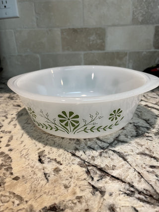 Vintage Glasbake 1.5 Qt Casserole Dish with Green Daisy Pattern RCD|120404