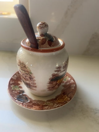 1940s Transferware Mustard Jar or Jam Pot With Under Plate