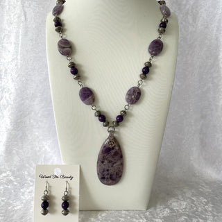 Necklace & Earrings Set, purple jasper & silver tone beads RSV