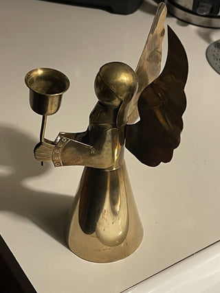 9" Vtg Brass Angel Candle Holder, Mexico--SP MTS