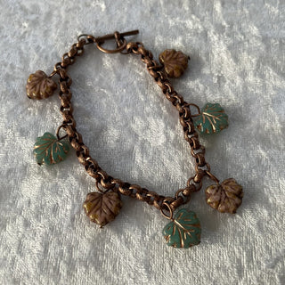 Antiqued copper bracelet w/ glass leaves RSV