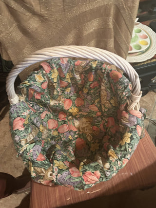 #62 vv Vintage white wicker easter basket lined with bunny and tulips MTS