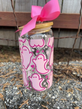 NEW Pink Ghost Glass Tumbler with Engraved Name Bamboo Lid and Glass Straw