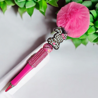 Beaded Refillable Pen Leopard Bunny  w/Pink Fluff RSV|67084