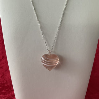 chain necklace, pink glass heart w/ white stripes RSV