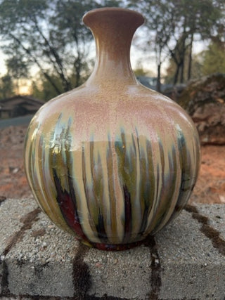 12.5” decorative ceramic vase with a hand-applied reactive drip glaze