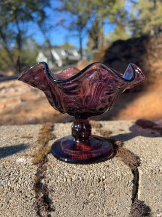 JP 4.5” Compote Bowl Coin Spot Thumbprint Amethyst Pedestal Ruffle Carnival Glass