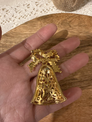 Vintage Articulating Christmas Bell Brooch gold Rhinestones Holiday Jewelry|137544