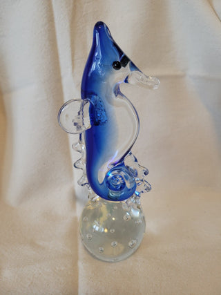 Hand Blown Art Glass Clear & Blue Seahorse RCD