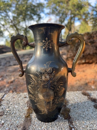 JP Vintage double handle flower engraved brass vase