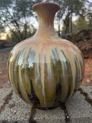 12.5” decorative ceramic vase with a hand-applied reactive drip glaze