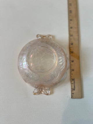 Pink iridescent etched  carnival glass bowl|61287