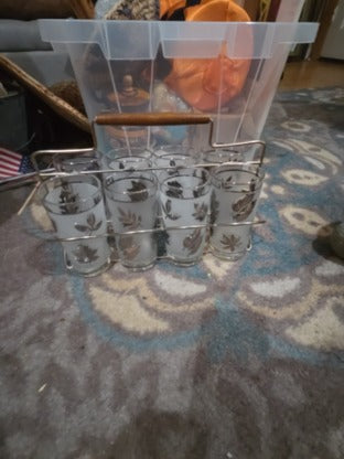 Vintage MCM Libby Golden Foliage Frosted Glasses Set Of 8 With Metal Caddy Leaf