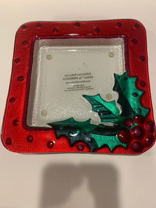 Art glass 7” square glass dish Xmas. Berries|125634