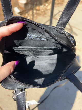 black satin Frankie & Johnnie handbag with rose emblem detail