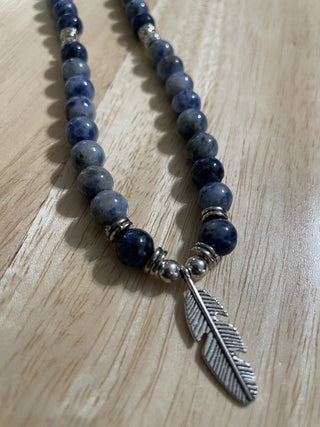 Blue Gemstone Silver Feather Necklace MTS|64128