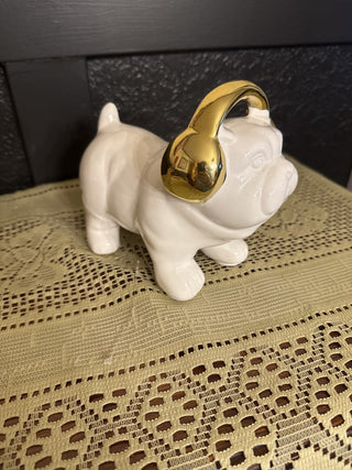 White Ceramic Bulldog with Gold Head Phones -RCD