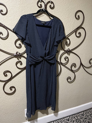 New Women's Navy and White Polka Dot Dress with Faux Wrap & Flutter Sleeves, Size XL - RCD