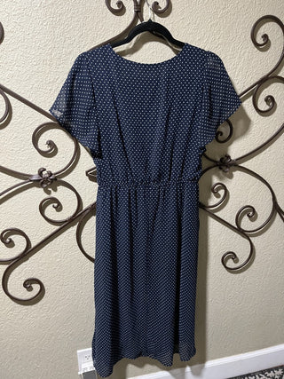 New Women's Navy and White Polka Dot Dress with Faux Wrap & Flutter Sleeves, Size XL - RCD
