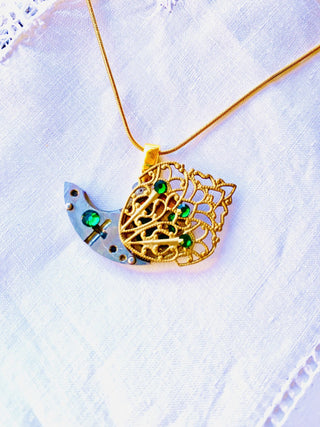 Steampunk Necklace Bird with Green Crystals RSV