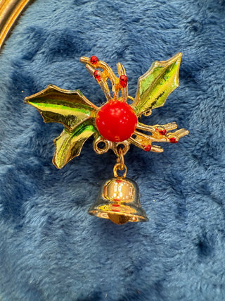 VTS Small Christmas Brooch Holly And Bell Gold Tone Enamel Holiday Red Green|140251