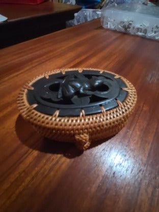 Vintage Indonesia Lombok Wood Rattan Carved Frog Lidded Basket Trinket Box 4 1/2×3"
