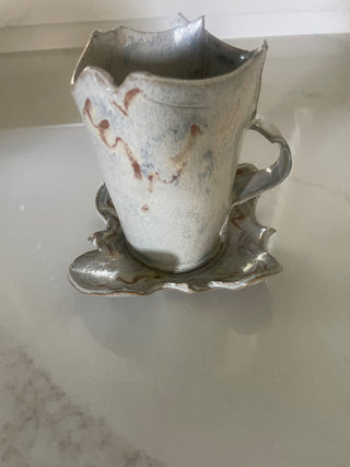 Hand Made Ceramic Mug w Saucer, Ruffled Rim-RSV