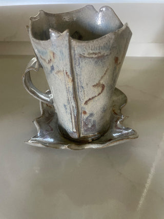 Hand Made Ceramic Mug w Saucer, Ruffled Rim-RSV