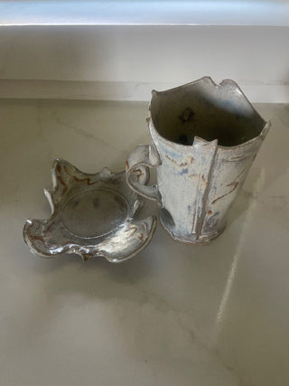 Hand Made Ceramic Mug w Saucer, Ruffled Rim-RSV