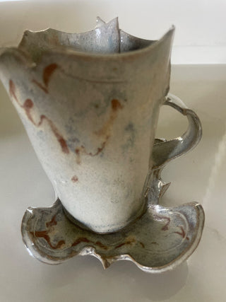 Hand Made Ceramic Mug w Saucer, Ruffled Rim-RSV