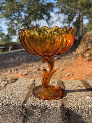 JP Vintage MCM 7" Indiana Amber Glass Lotus Blossom Pedestal Compote Candy Dish