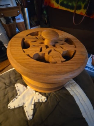 Handmade carved wooden round trinket/potpourri box