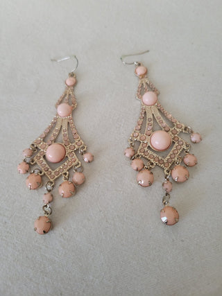 Gold Toned Dangle Earrings w/Pink Beads RCD|101038