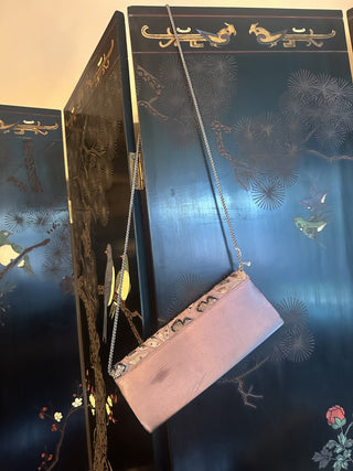 Silver satin beaded floral clutch shoulder bag purse # 62 VV MTS|103176