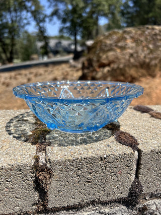 JP Vtg Blue Glass Bowl KIG Indonesia Flower Heart Rose Diamond Serveware Footed RSV