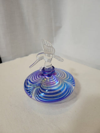 Blue Art Glass Perfume Bottle w/Hummingbird Stopper RCD