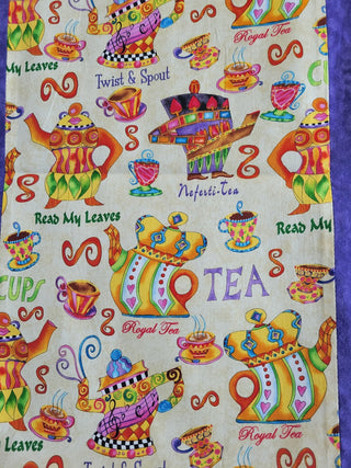 Table Runner 14x74" Purple Edge w/Tea Pot & Cups Fabric RCD|148497