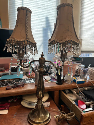 Madden Double Bulb table lamp, VTG, embroidered shades w/crystals 25"
