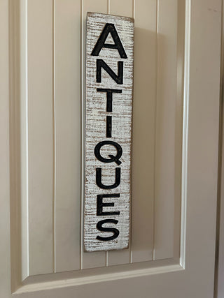 Wooden Carved Sign - "Antiques" Primitives by Kathy, white w/blk letters 26"x5" RCD