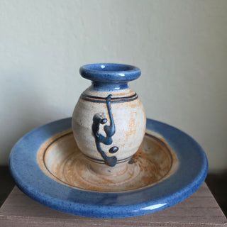 SALE - Studio Pottery - Blue Glaze - Chamberstick Candleholder