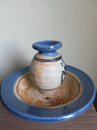 SALE - Studio Pottery - Blue Glaze - Chamberstick Candleholder