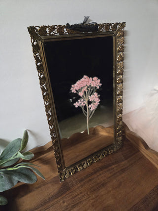 Vtg Filigree Gold Rect. Mirror w/ Pink Floral- RSV